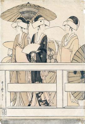 Upper left panel of a 6 panel piece: <i>On top of and beneath Ryōgoku Bridge </i> (<i>Ryōgokubashi no ue, shita</i> 両国橋  上下)