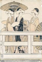 Upper left panel of a 6 panel piece: <i>On top of and beneath Ryōgoku Bridge </i> (<i>Ryōgokubashi no ue, shita</i> 両国橋  上下)