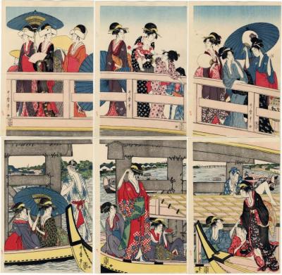 Goyo's copy of Utamaro's <i>Ryōgokubashi no ue, shita</i> ('On top and beneath Ryōgoku Bridge')