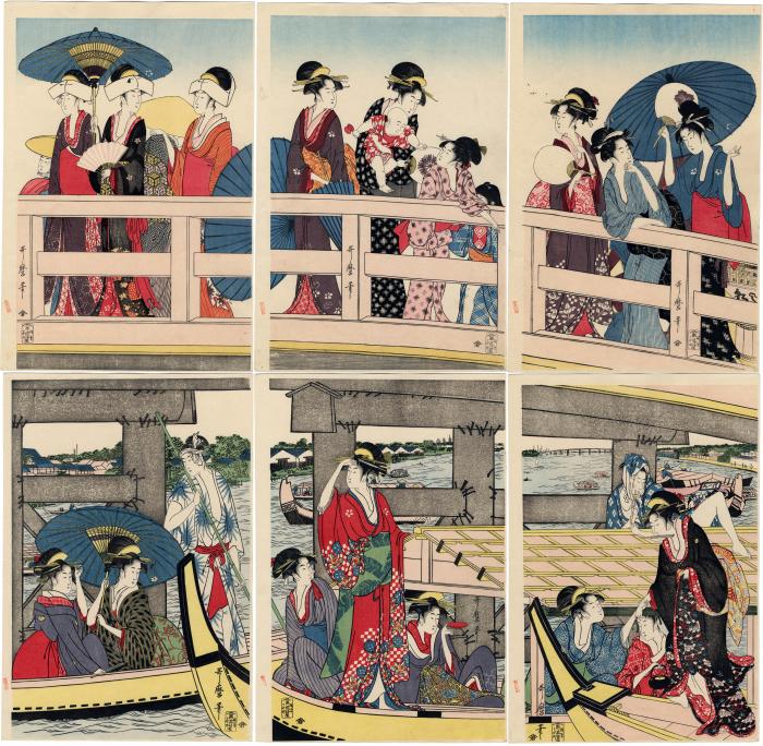 Goyo's copy of Utamaro's <i>Ryōgokubashi no ue, shita</i> ('On top and beneath Ryōgoku Bridge')
