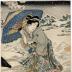 Courtesan with umbrella in snow - middle panel of a <i>mitate</i> triptych - title: <i>Gentoku fūsetsu ni Kōmei o tazureru</i> - 玄徳風雪訪孔明 - a parody of Gentoku visiting Kōmei in the snow  
