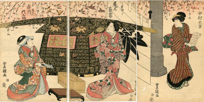 Scene from <i>Botan ni cho itsuka fumibako</i> (牡丹蝶初筐)  - Nakamura Daikichi I (中村大吉) on the right as Ohatsu (おはつ), Onoe Kikugorō III (尾上菊五郎) as Iwafuji in the center, and Ichikawa Monnosuke III (市川門之助) on the left as Onoe