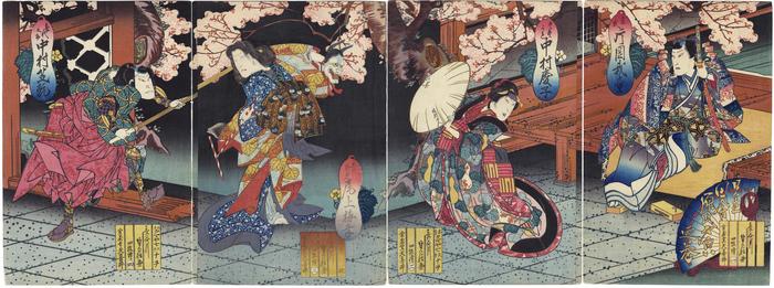 From right to left: Kataoka Gadō II (片岡我童) as Hikaru Uji (光氏); Nakamura Tomijūrō II (中村富十郎) as Tasogare (たそかれ); Onoe Kikugorō III (尾上菊五郎) as Shinonome (しののめ); Nakamura Shikan III (中村芝翫) as Kiyonosuke (喜代之助) - a <i>Rustic Genji</i> theme