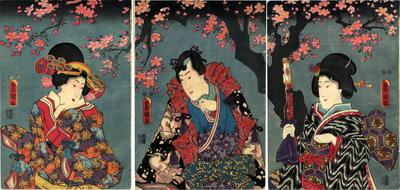 Mitsuuji and his 2nd daughter under a cherry tree at night -  a Rustic Genji theme [<i>Nise Murasaki inaka Genji</i> - 偐紫田舎源氏] 
