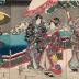 Autumn (<i>Aki</i> - 秋) from the series <i>The Four Seasons</i> (<i>Shiki no uchi</i> - 四季之内) - a Rustic Genji theme - Kodanji IV as Shinonome on the right, Kikujirō II as Tasogare in the center, and Kumesaburō III as Mitsuuji on the left