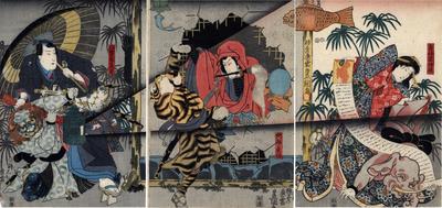 Imaginary performance (a <i>mitate</i>): actors as Sadatō's wife (<i>tsuma</i>) Sodehagi (貞任妻袖萩) played by Bandō Shūka I  on the right, Ichikawa Danjūrō VIII as Abe Sadatō (阿部貞任) in the center, Ichimura Uzaemon XII as Hachiman Tarō Yoshiie (八幡太郎義家) on the left and with a supporting cast as a  lion, tiger and elephant