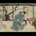 Ohatsu [召仕おはつ] in the center  battling Iwafuji [局岩藤] on the left, with the <i>chūrō</i> [中臈] Onoe (中老於の江) on the right