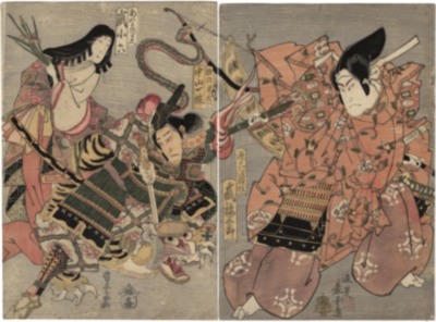 <i>Yorimasa Nue Monogatari</i> (頼政鵺物語 the story of Yorimasa and the <i>Nue</i>) - Arashi Kitsusaburō I (嵐橘三郎) as Minamoto no Yorimasa (源三位頼政)on the right while his assistant, Ino no Hayata (猪の早太) played by Nakayama Icchō IV (中山一蝶), kills the <i>Nue</i> as Ayame no Mae (あやめのまへ)  played by Arashi Koroku IV (嵐小六) looks on