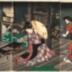 Autumn (<i>Aki</i> - 秋) from the series <i>The Four Seasons</i> (<i>Shiki no uchi</i> - 四季之内) - a Rustic Genji theme - Kodanji IV as Shinonome on the right, Kikujirō II as Tasogare in the center, and Kumesaburō III as Mitsuuji on the left