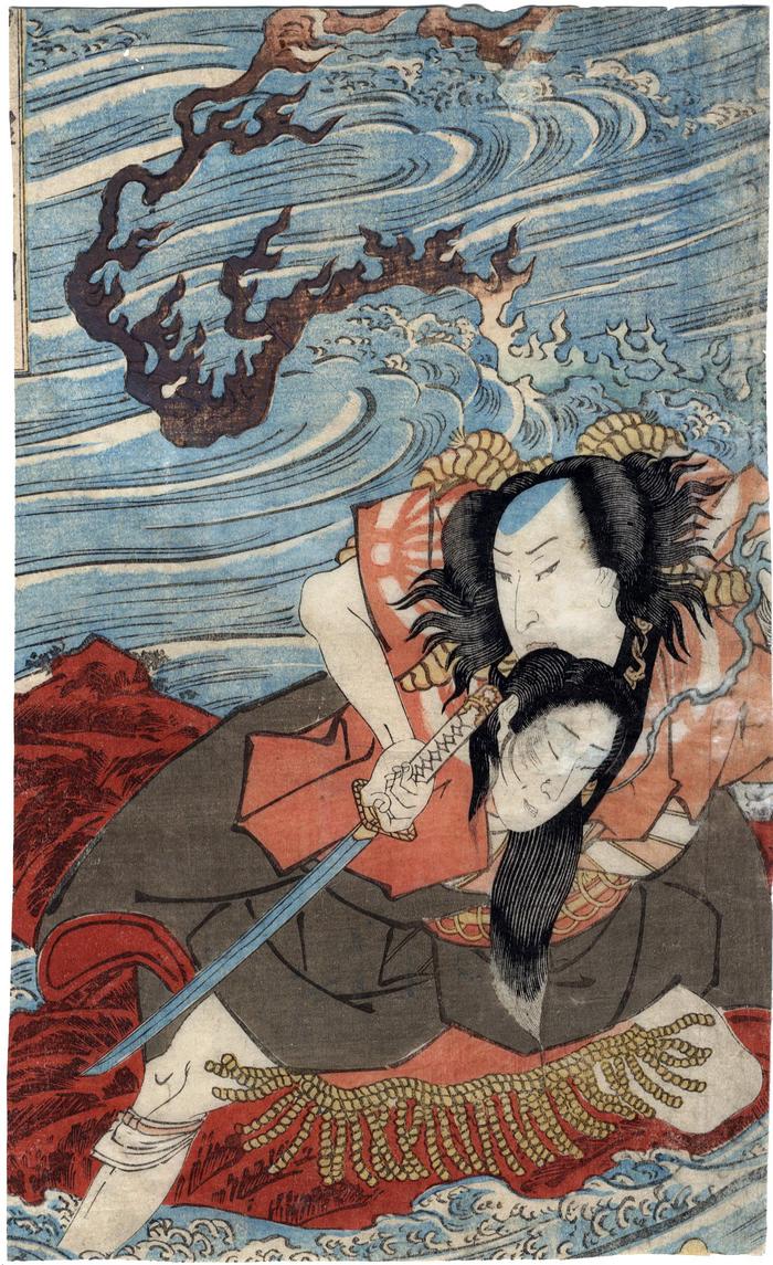 SAWAMURA TOSSHŌ I (澤村訥升) as Torii Matasuke [鳥井又助] with the severed head of Tairyō’s wife, Ume no Kata, between his teeth - from the play <i>Yanagi Sakura Iroe no Kagabone</i> (柳桜彩絵加賀骨) - trimmed print - left panel of a diptych
